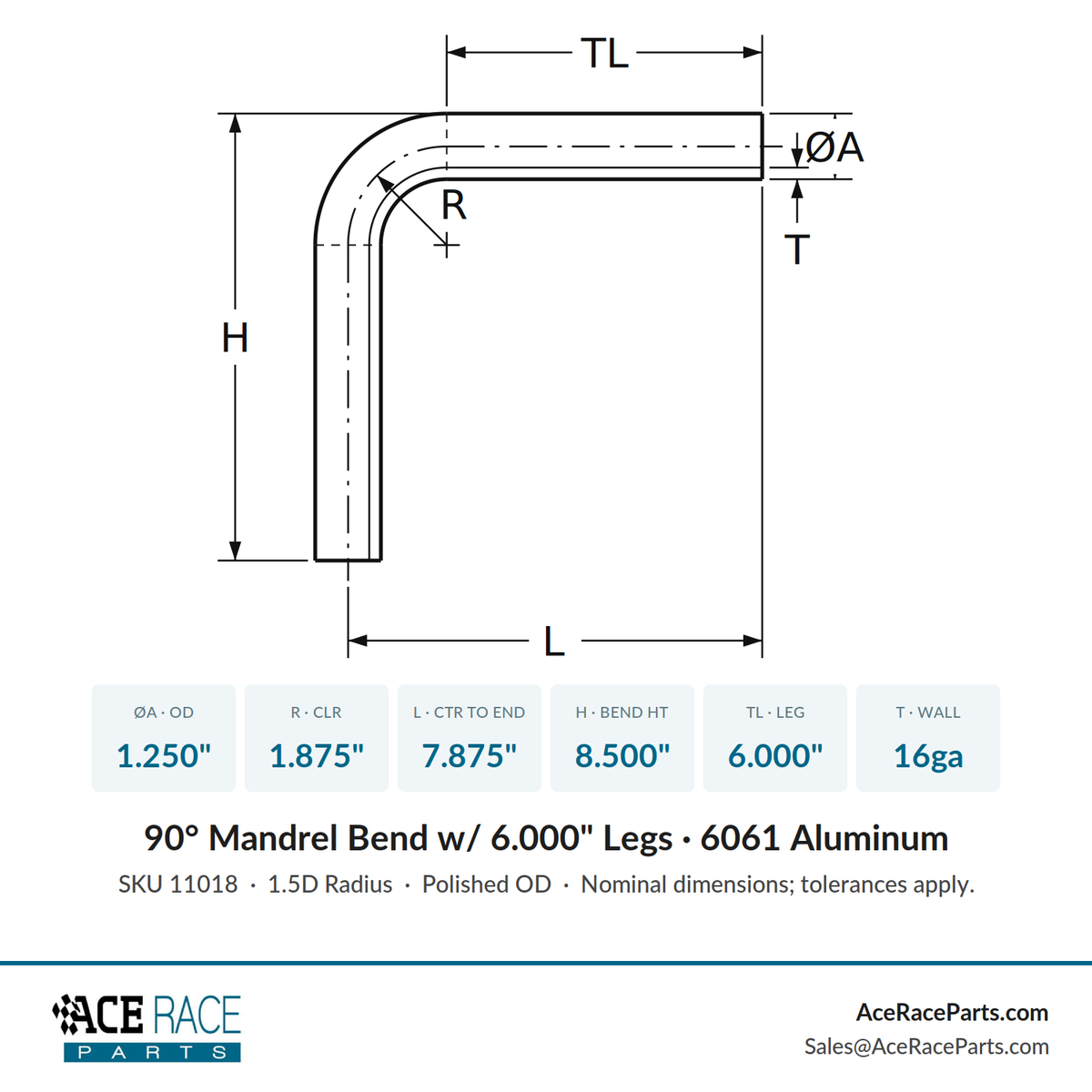 1.250" OD 16ga 90° Mandrel Bend - Polished OD - 6061 Aluminum - (1.875" CLR / 6.000" Legs)