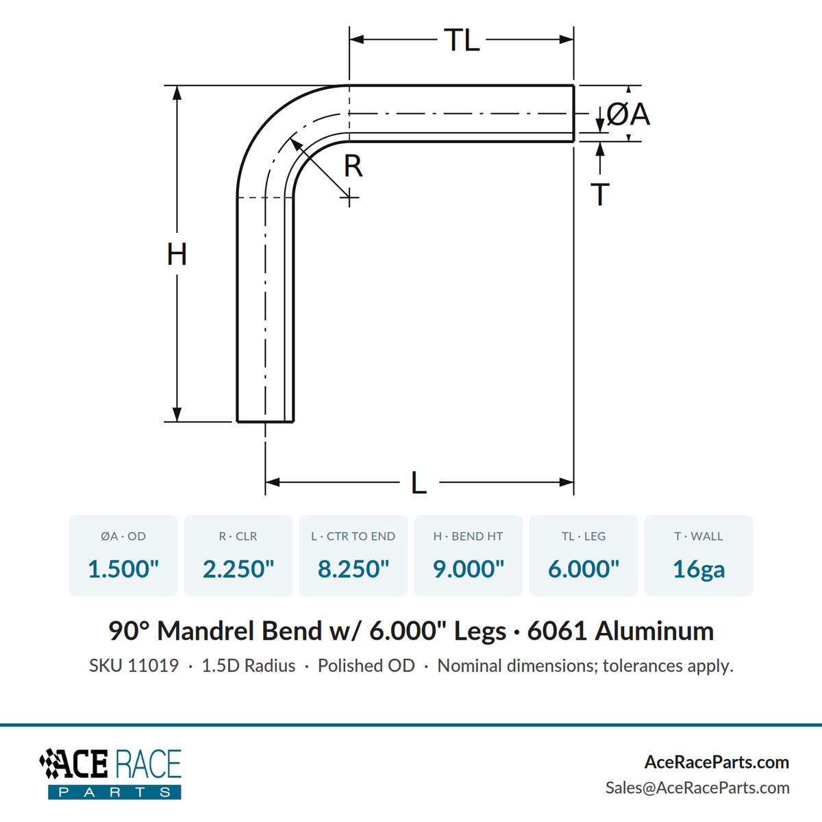 1.500" OD 16ga 90° Mandrel Bend - Polished OD - 6061 Aluminum - (2.250" CLR / 6.000" Legs)