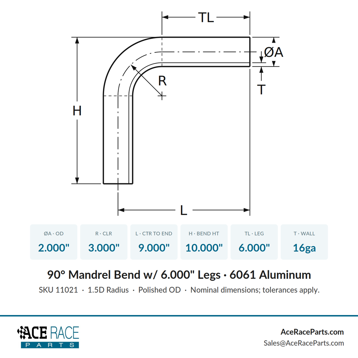 2.000" OD 16ga 90° Mandrel Bend - Polished OD - 6061 Aluminum - (3.000" CLR / 6.000" Legs)