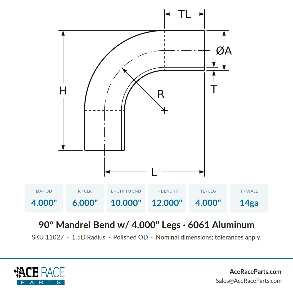 4.000" OD 14ga 90° Mandrel Bend - Polished OD - 6061 Aluminum - (6.000" CLR / 4.000" Legs)