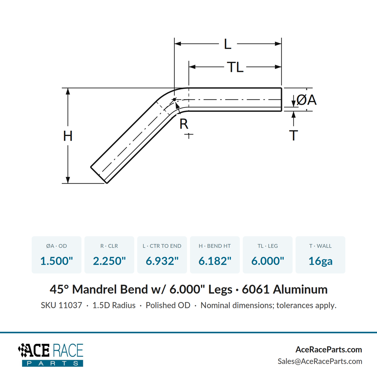 1.500" OD 16ga 45° Mandrel Bend - Polished OD - 6061 Aluminum - (2.250" CLR / 6.000" Legs)