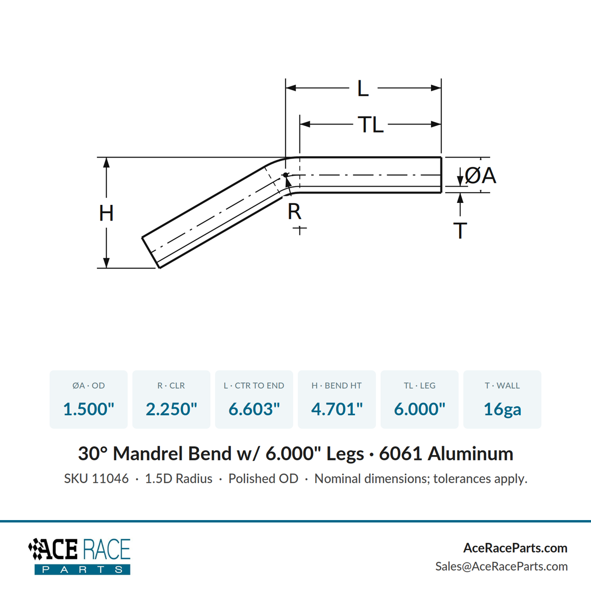 1.500" OD 16ga 30° Mandrel Bend - Polished OD - 6061 Aluminum - (2.250" CLR / 6.000" Legs)