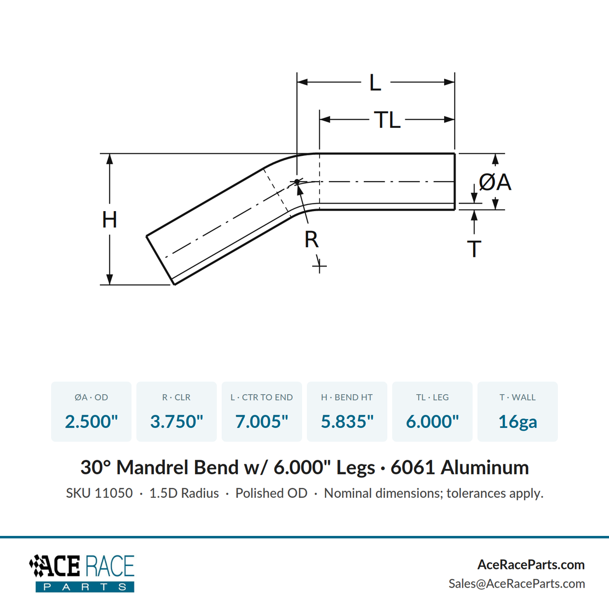 2.500" OD 16ga 30° Mandrel Bend - Polished OD - 6061 Aluminum - (3.750" CLR / 6.000" Legs)