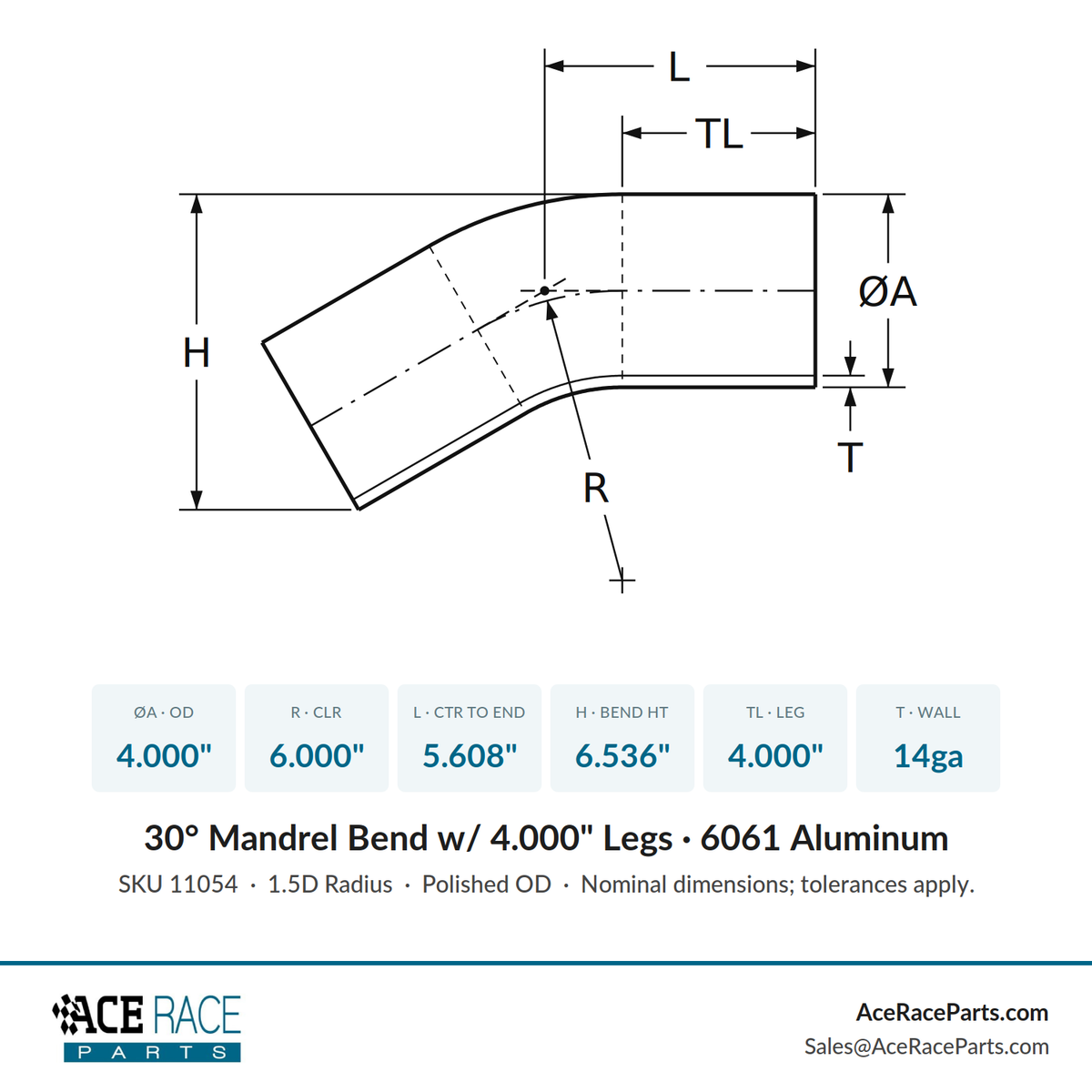 4.000" OD 14ga 30° Mandrel Bend - Polished OD - 6061 Aluminum - (6.000" CLR / 4.000" Legs)
