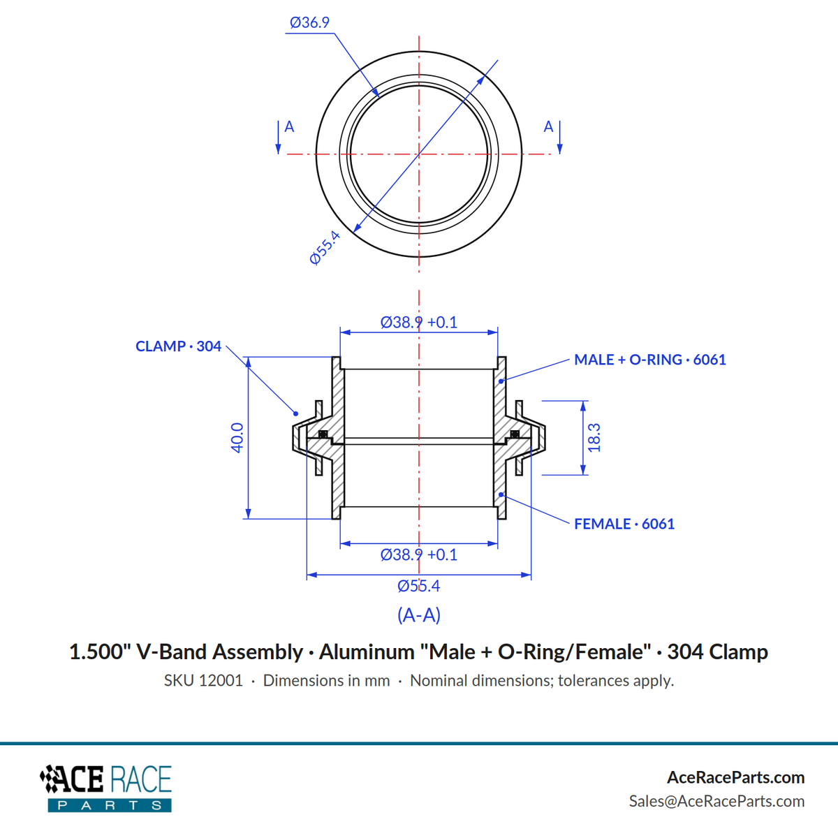 1.500" V-Band Assembly - Aluminum "Male + O-Ring/Female" Flanges, 304 Stainless Clamp