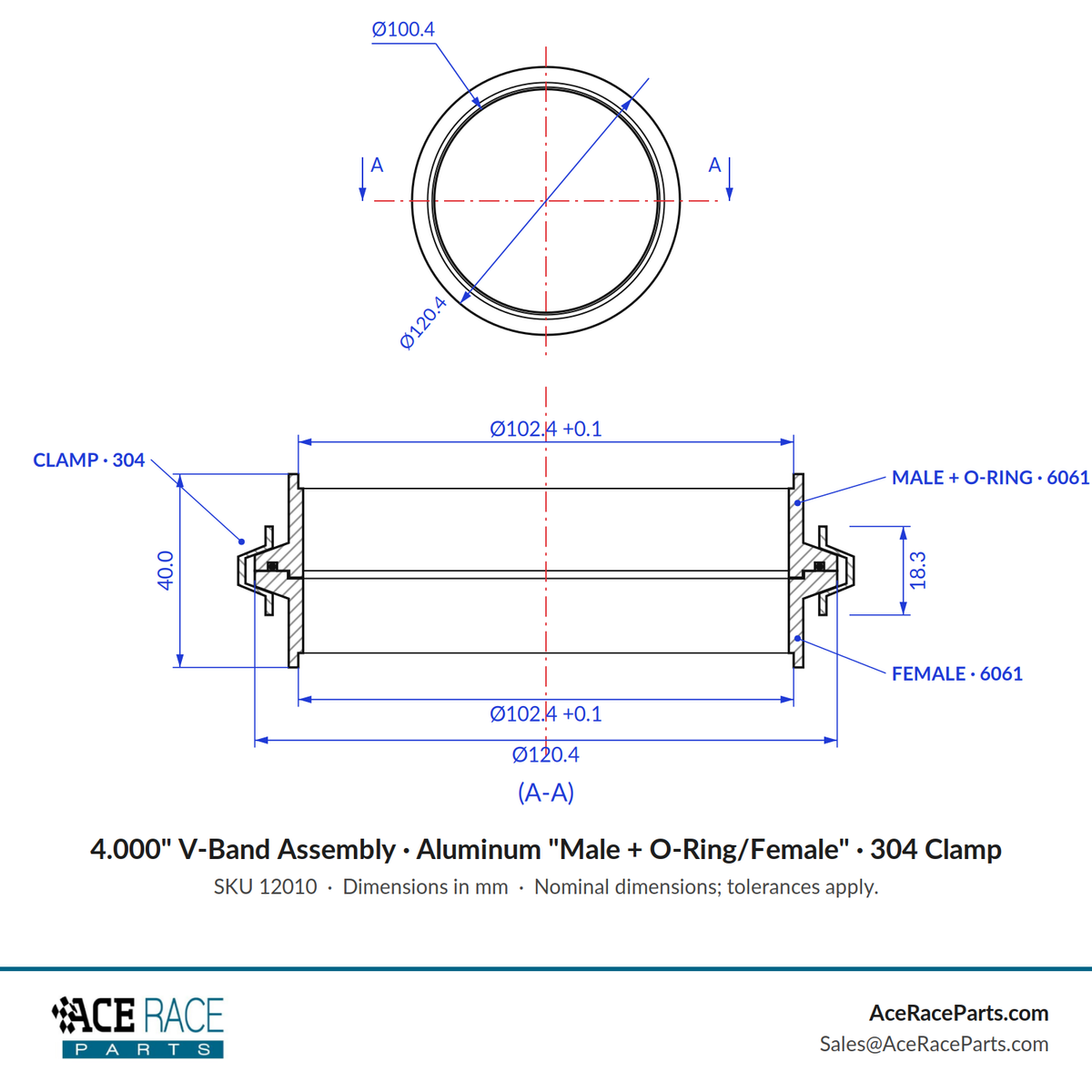 4.000" V-Band Assembly - Aluminum "Male + O-Ring/Female" Flanges, 304 Stainless Clamp