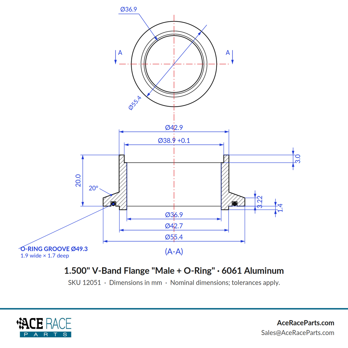 1.500" V-Band Flange "Male + O-Ring" 6061 Aluminum