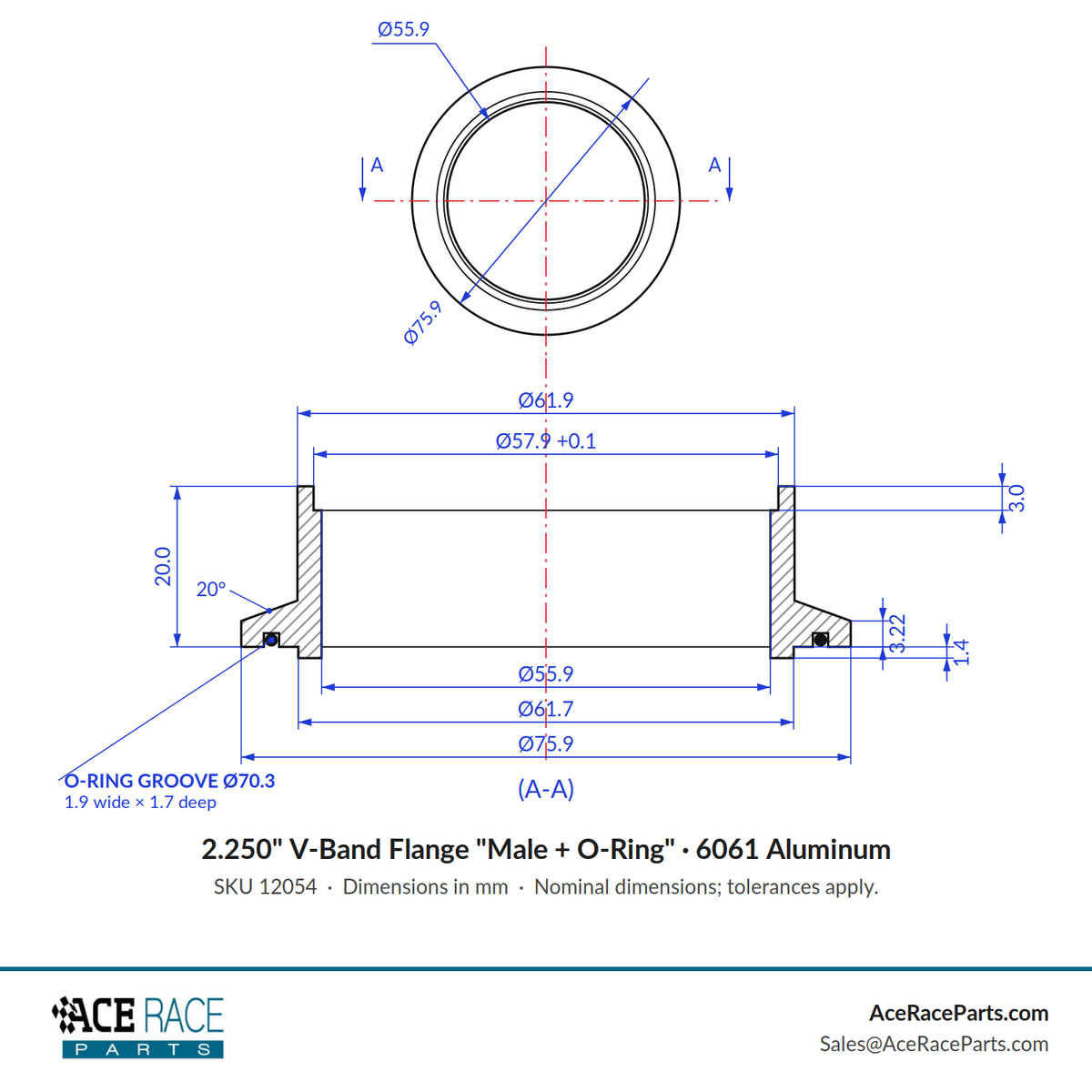 2.250" V-Band Flange "Male + O-Ring" 6061 Aluminum