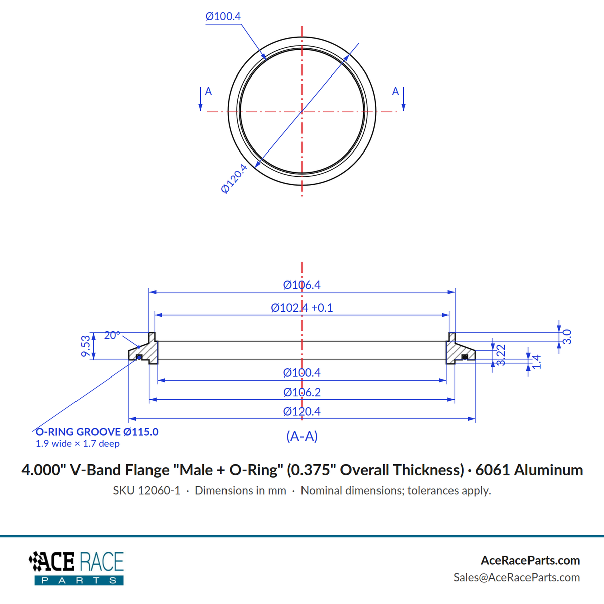 4.000" V-Band "Male + O-Ring" Flange (0.375" Overall Thickness) 6061 Aluminum