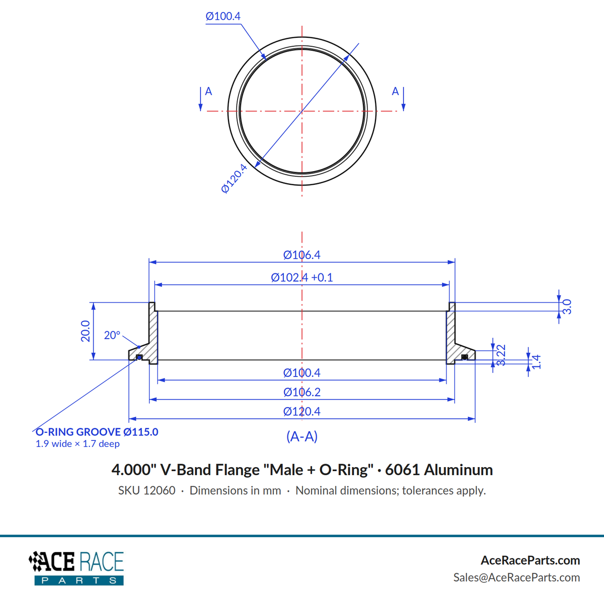 4.000" V-Band Flange "Male + O-Ring" 6061 Aluminum
