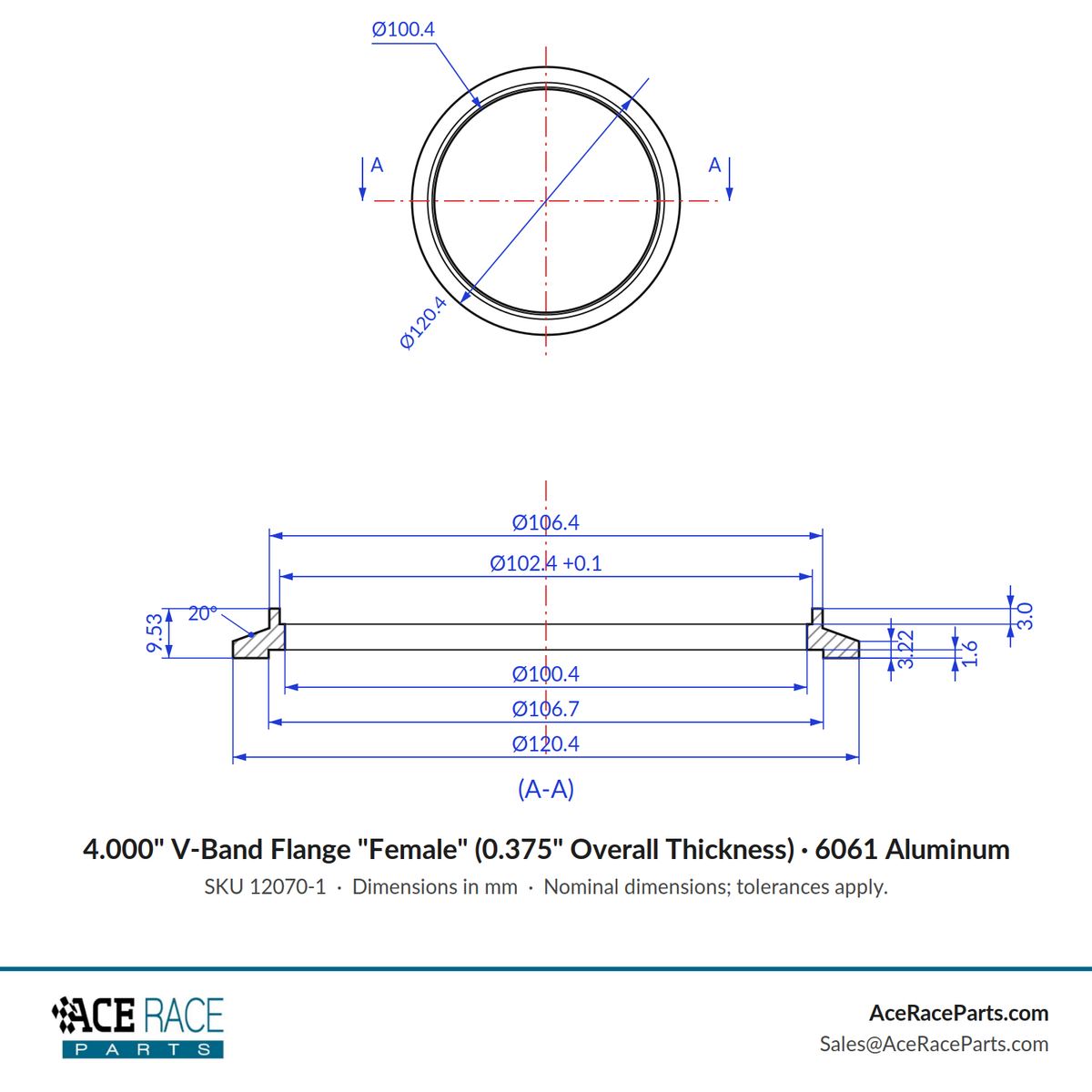 4.000" V-Band "Female" Flange (0.375" Overall Thickness) 6061 Aluminum