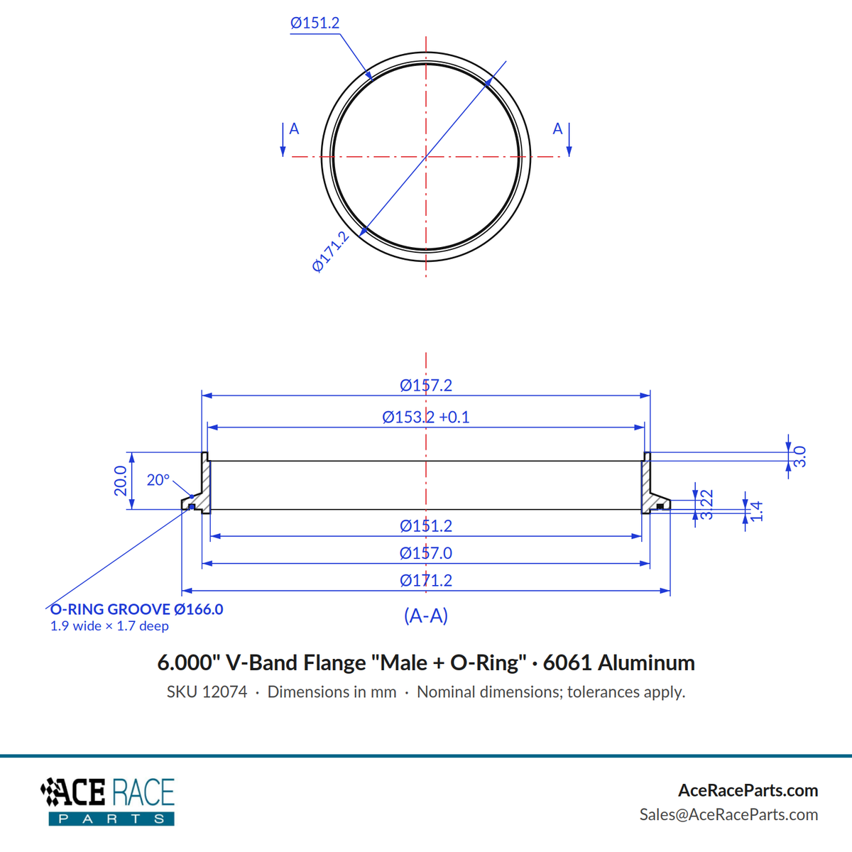 6.000" V-Band Flange "Male + O-Ring" 6061 Aluminum