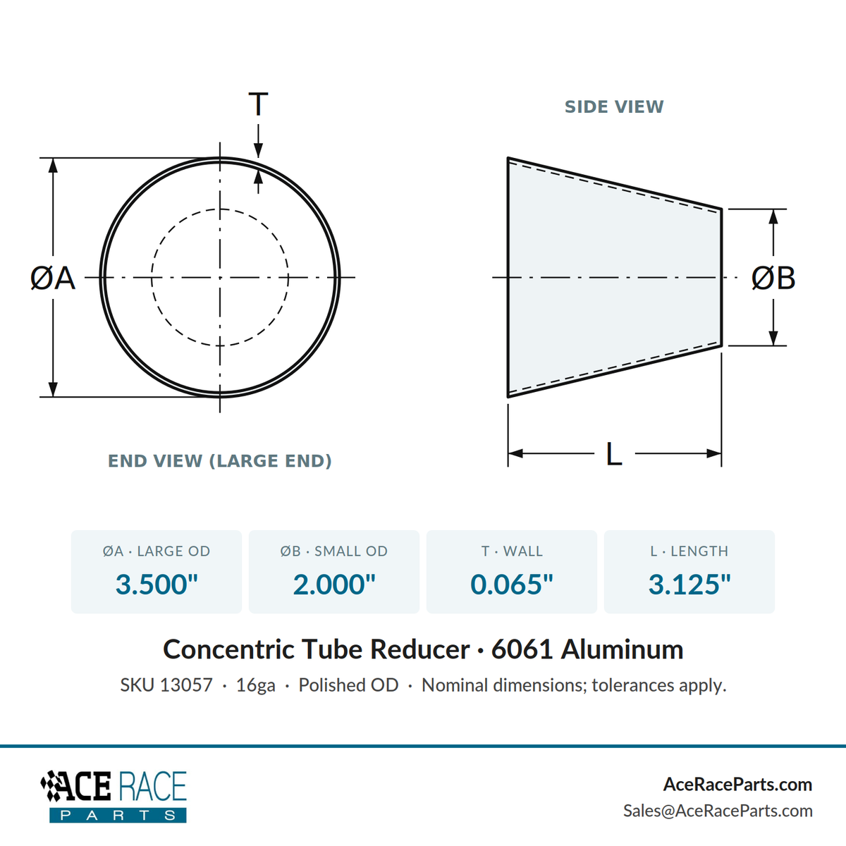 3.500" OD x 2.000" OD 16ga Reducer - Polished OD - 6061 Aluminum - (3.125" Long)