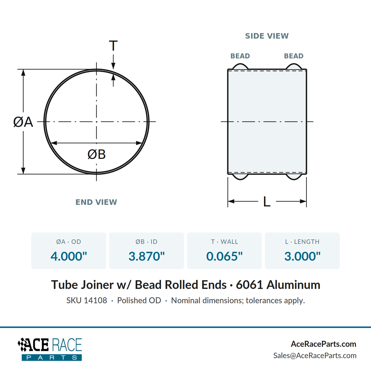 4.000" OD Aluminum Joiner with Bead Rolled Ends - Polished OD - 6061 Aluminum