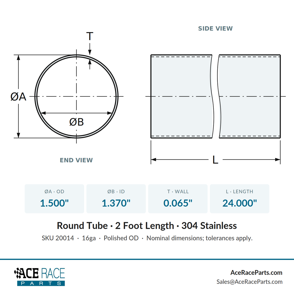 1.500" OD x 16ga (0.065") Round Tube - Polished OD - 304 Stainless - 2 Foot Length