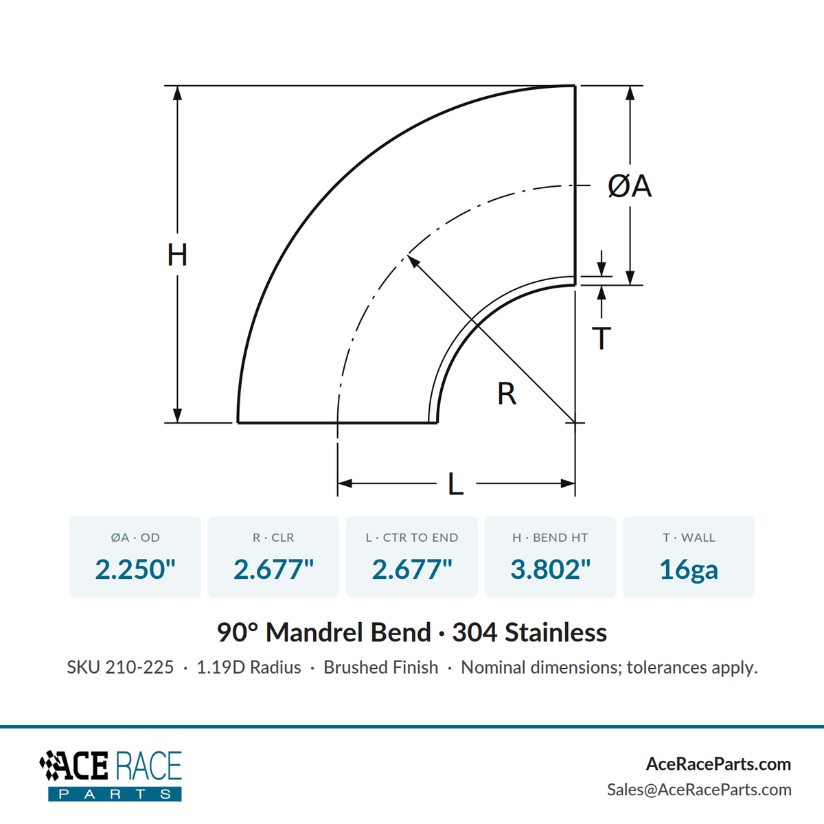2.250" 16ga 90° Mandrel Bend - (2.677" CLR) - Brushed Finish - 304 Stainless