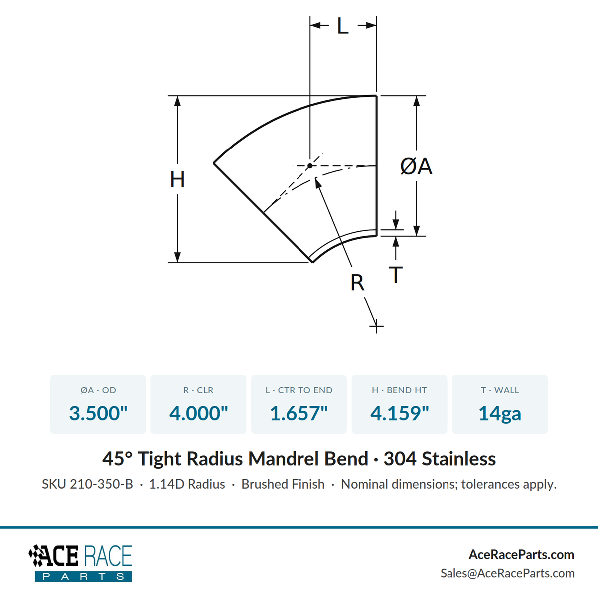 3.500" 14ga Tight Radius 45° Mandrel Bend - (4.000" CLR) - Brushed Finish - 304 Stainless