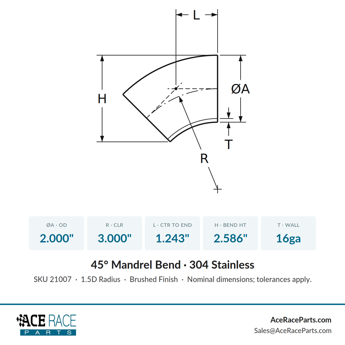 2.000" 16ga 45° Mandrel Bend - (3.000" CLR) - Brushed Finish - 304 Stainless