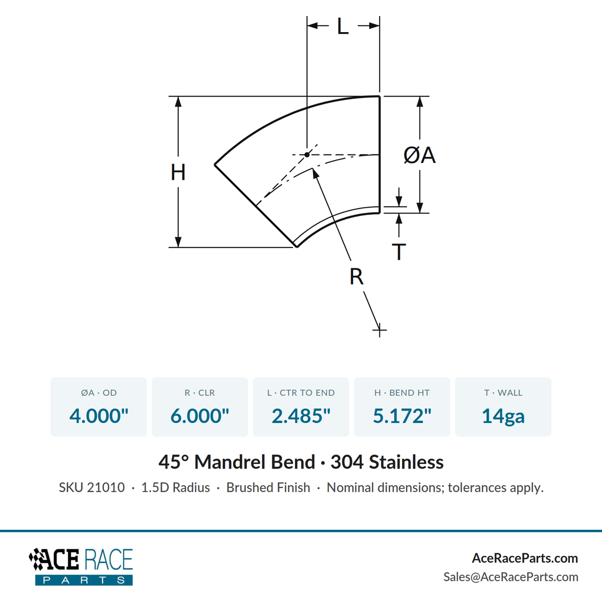 4.000" 14ga 45° Mandrel Bend - (6.000" CLR) - Brushed Finish - 304 Stainless