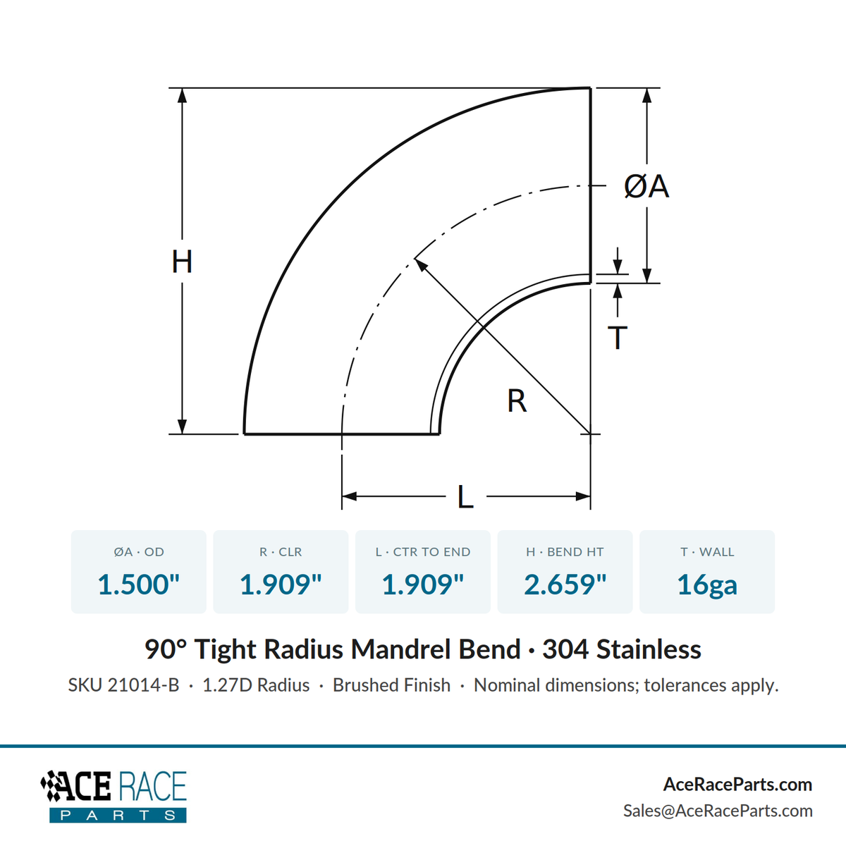 1.500" 16ga Tight Radius 90° Mandrel Bend - (1.909" CLR) - Brushed Finish - 304 Stainless