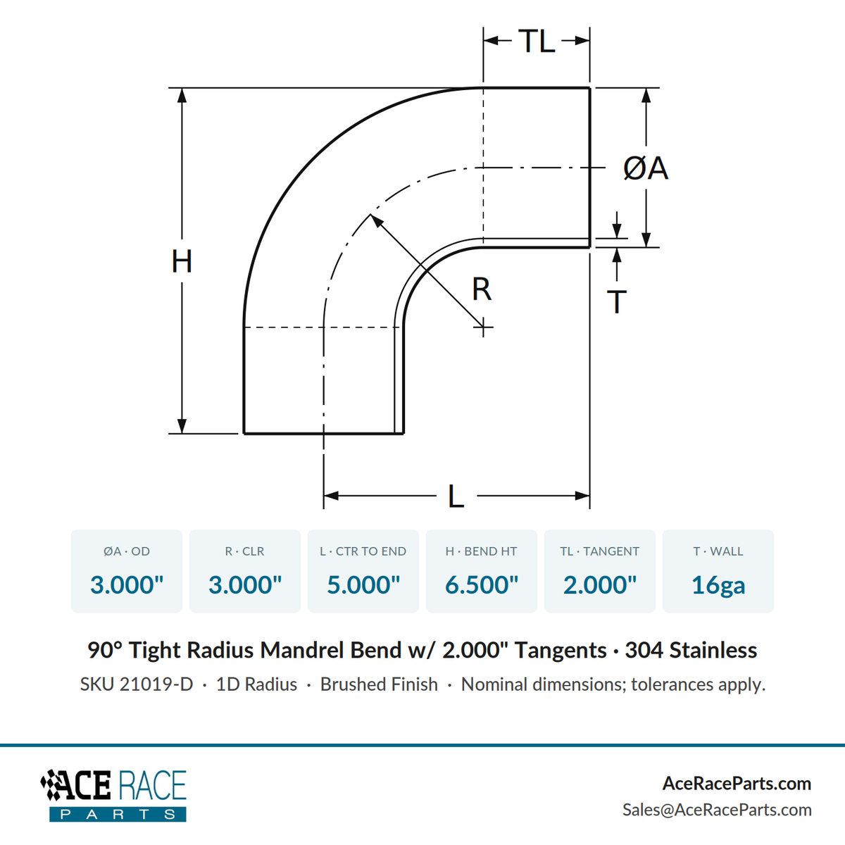 3.000" 16ga Tight Radius 90° Mandrel Bend w/ 2" Tangents - (3.000" CLR) - Brushed Finish - 304 Stainless
