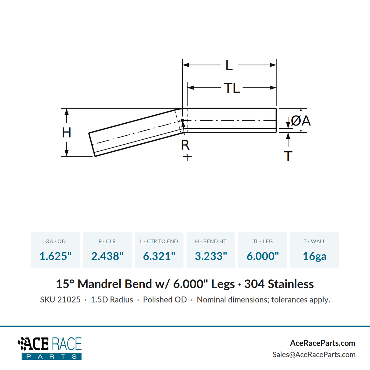 1.625" 16ga 15° Mandrel Bend - (2.438" CLR / 6.000" Legs) - Polished OD - 304 Stainless
