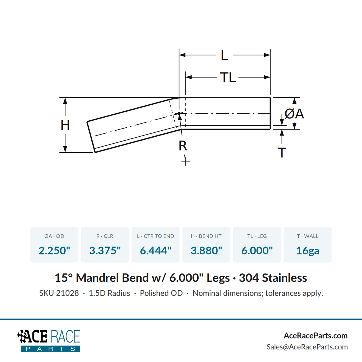 2.250" 16ga 15° Mandrel Bend - (3.375" CLR / 6.000" Legs) - Polished OD - 304 Stainless