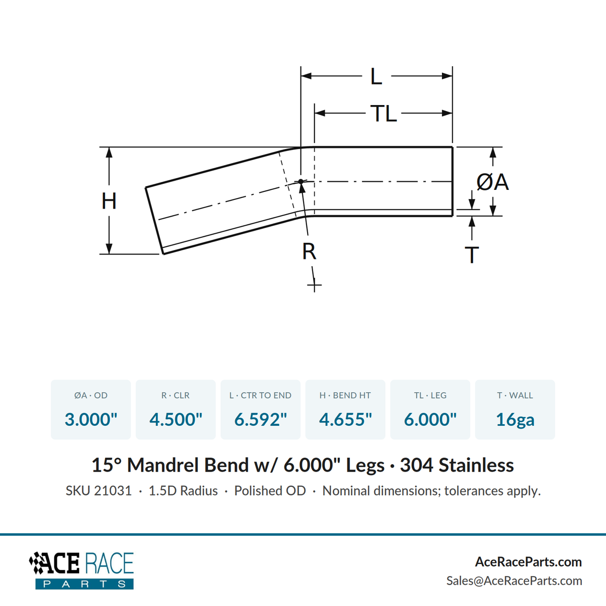 3.000" 16ga 15° Mandrel Bend - (4.500" CLR / 6.000" Legs) - Polished OD - 304 Stainless