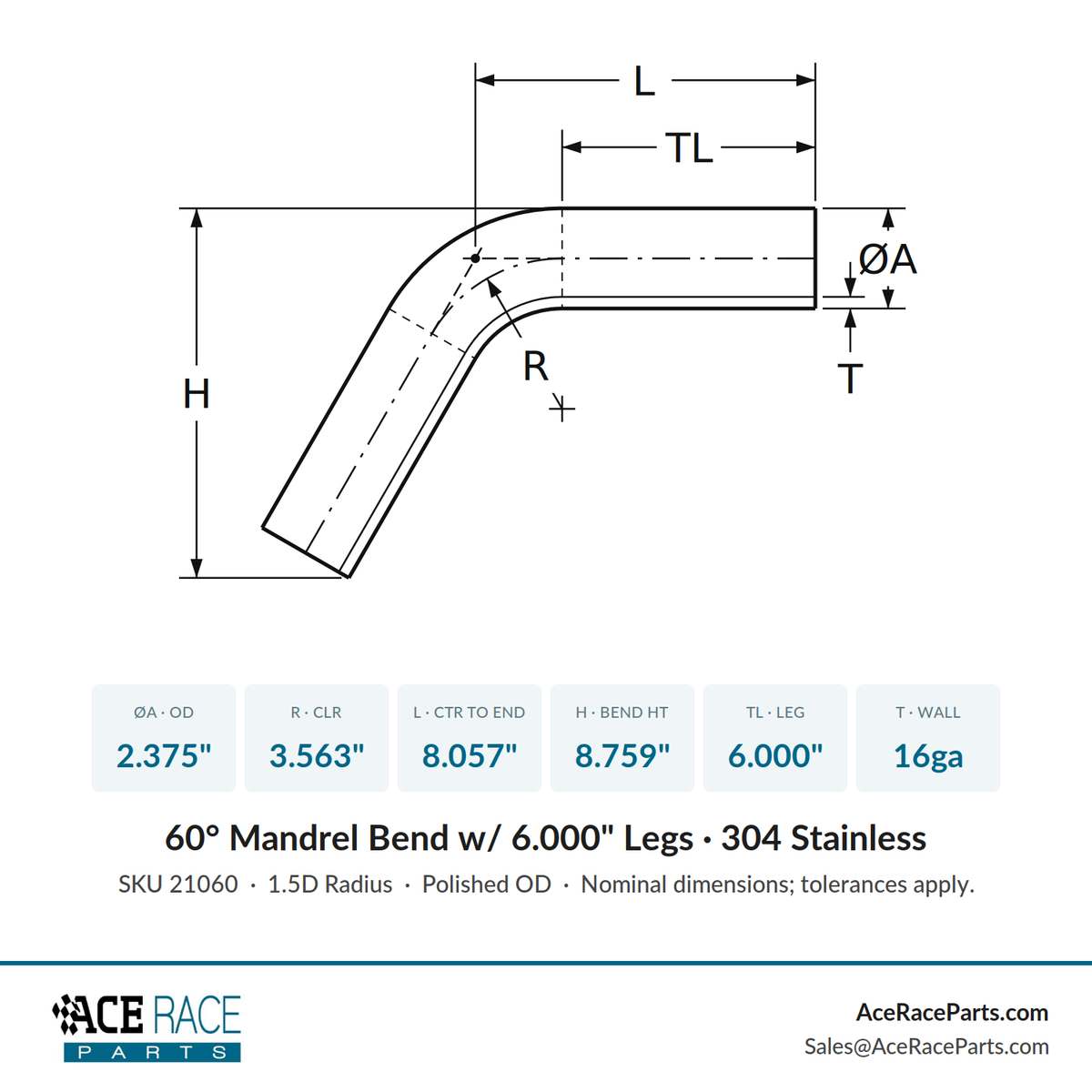 2.375" 16ga 60° Mandrel Bend - (3.563" CLR / 6.000" Legs) - Polished OD - 304 Stainless