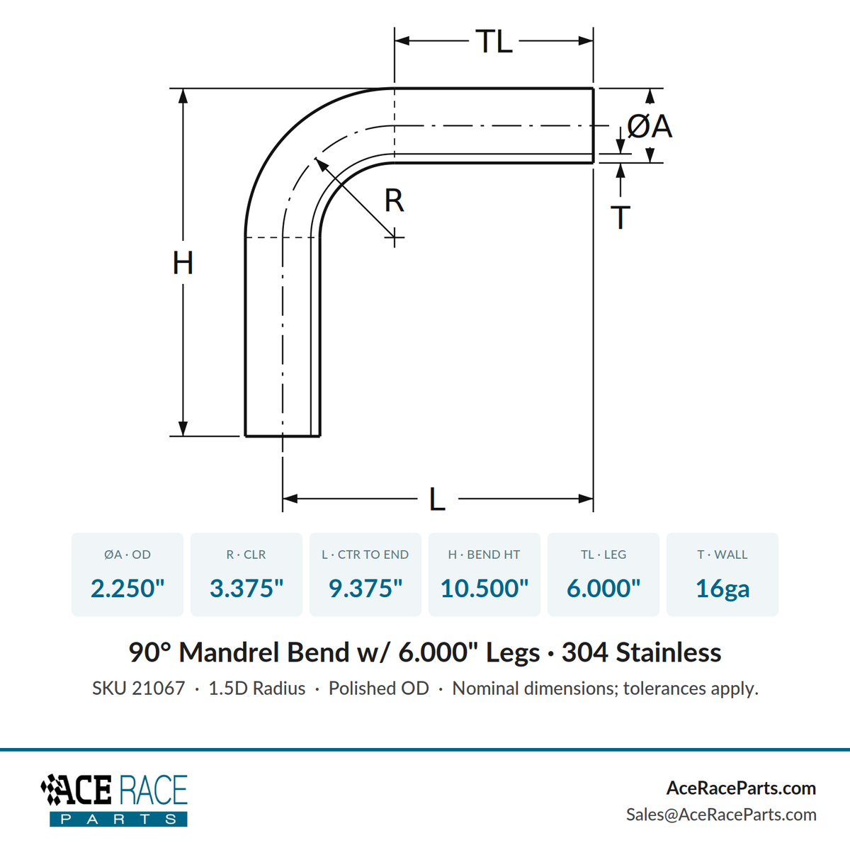 2.250" 16ga 90° Mandrel Bend - (3.375" CLR / 6.000" Legs) - Polished OD - 304 Stainless