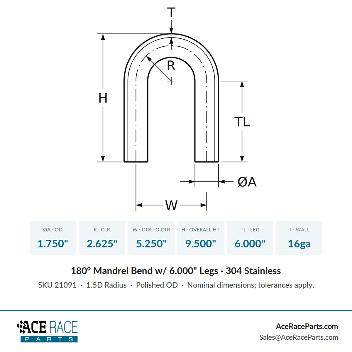 1.750" 16ga 180° Mandrel Bend - (2.625" CLR / 6.000" Legs) - Polished OD - 304 Stainless
