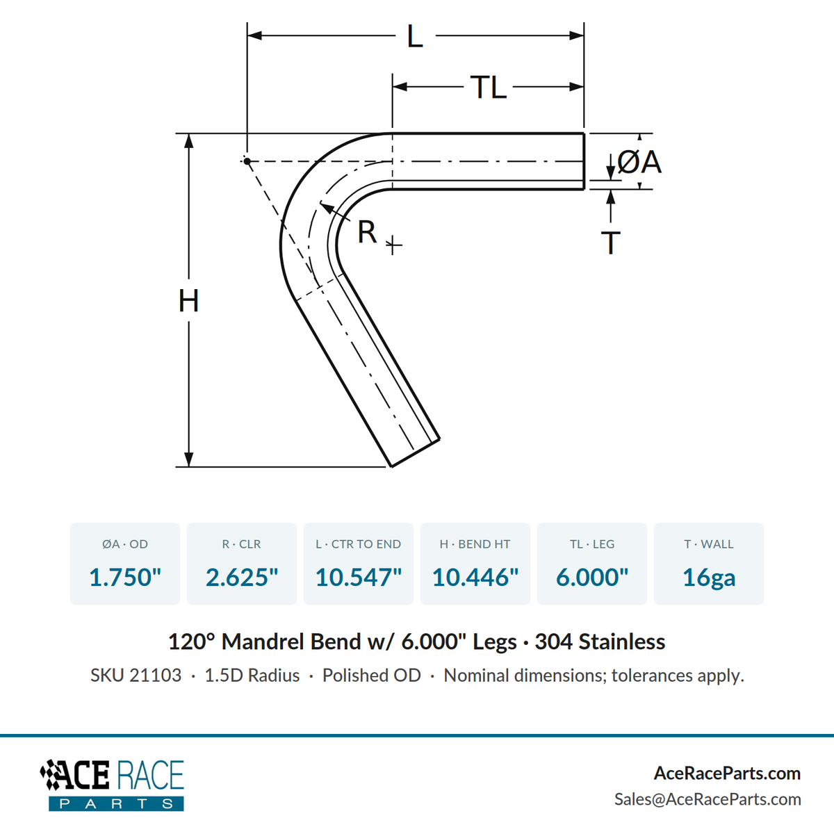 1.750" 16ga 120° Mandrel Bend - (2.625" CLR / 6.000" Legs) - Polished OD - 304 Stainless