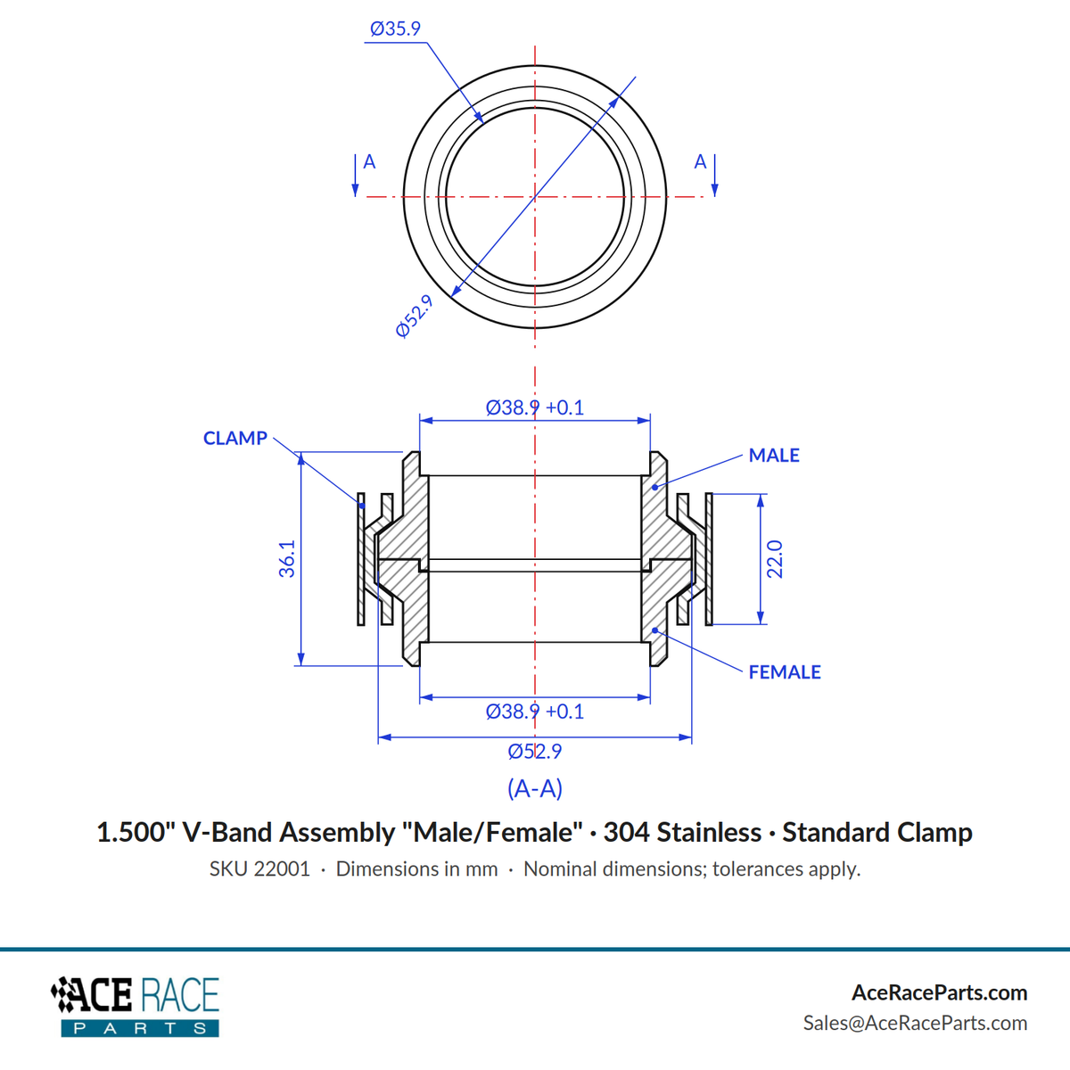 1.500" V-Band Assembly "Male/Female" 304 Stainless - Standard Clamp