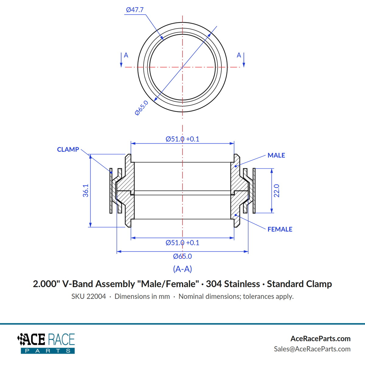 2.000" V-Band Assembly "Male/Female" 304 Stainless - Standard Clamp