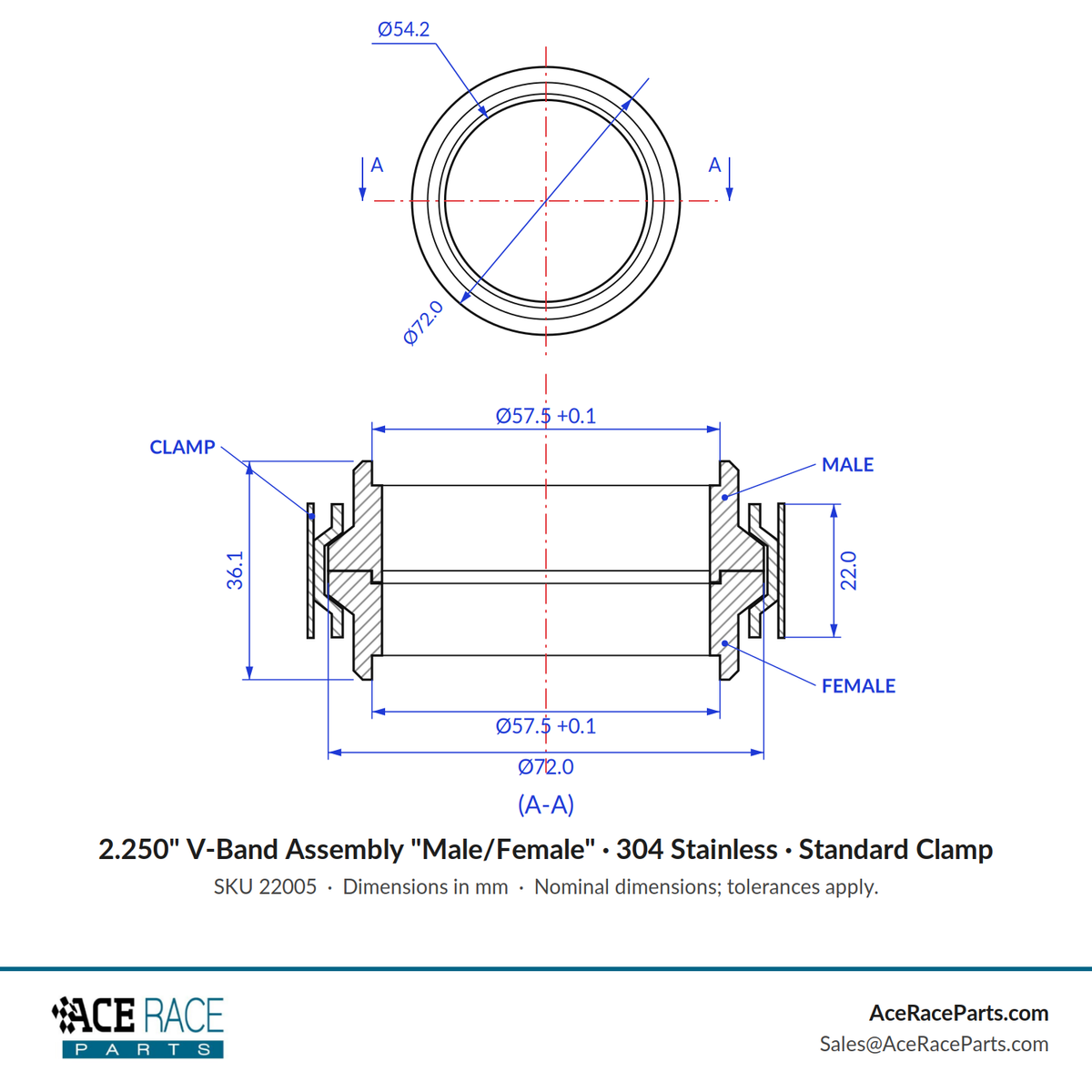 2.250" V-Band Assembly "Male/Female" 304 Stainless - Standard Clamp