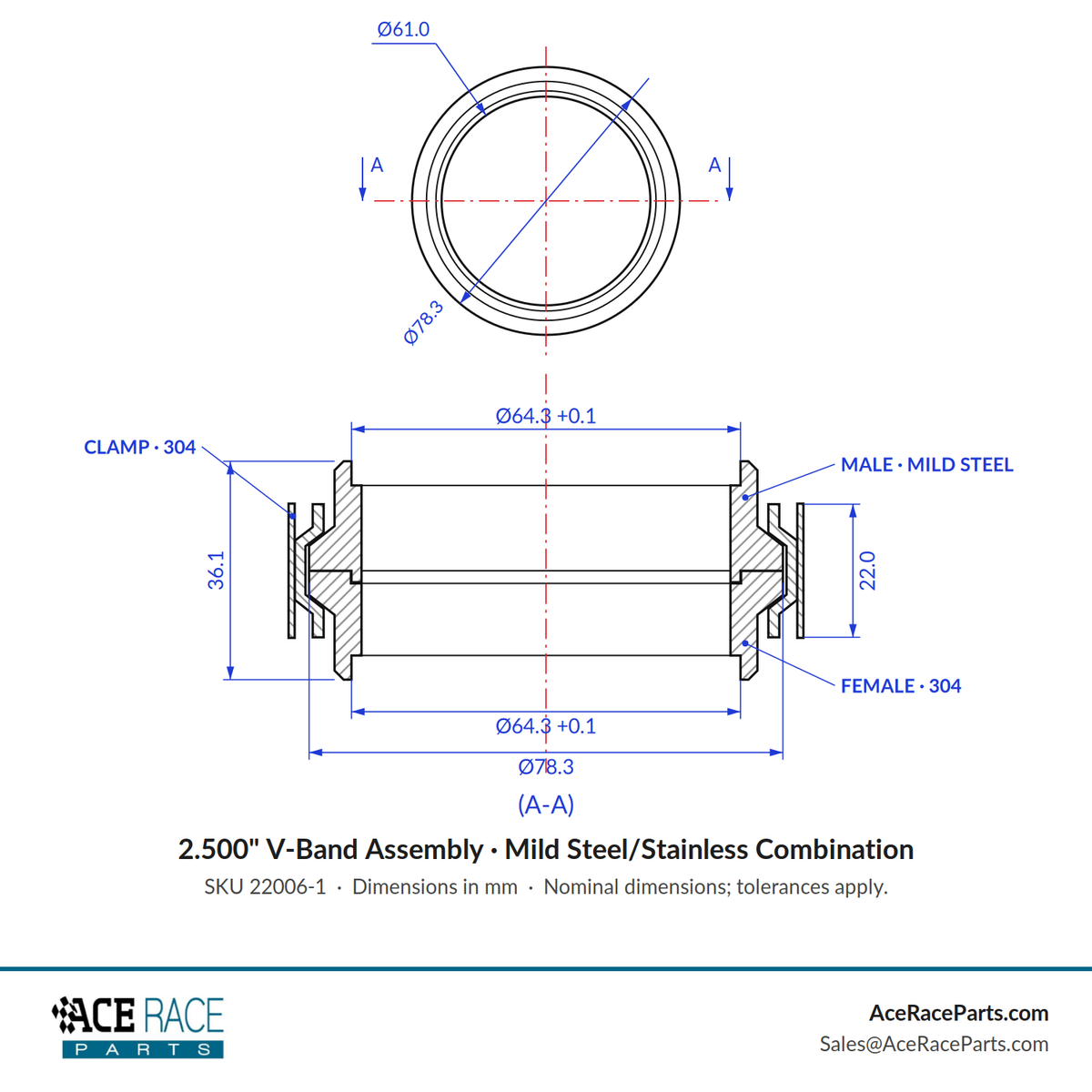 2.500" V-Band Assembly Mild Steel/Stainless Combination - Standard Clamp