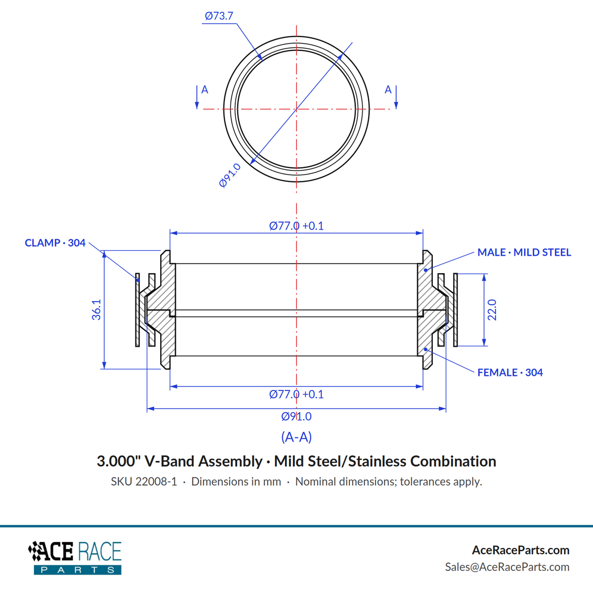 3.000" V-Band Assembly Mild Steel/Stainless Combination - Standard Clamp