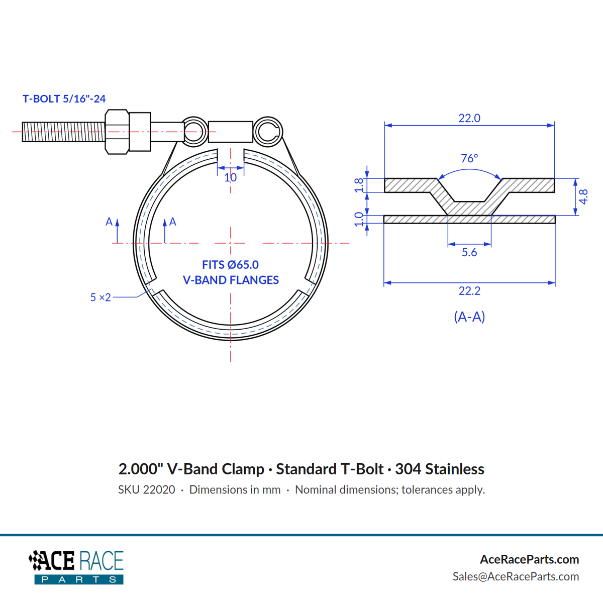 2.000" V-Band Clamp - Standard T-Bolt - (For 2.559" OD Flanges) - 304 Stainless