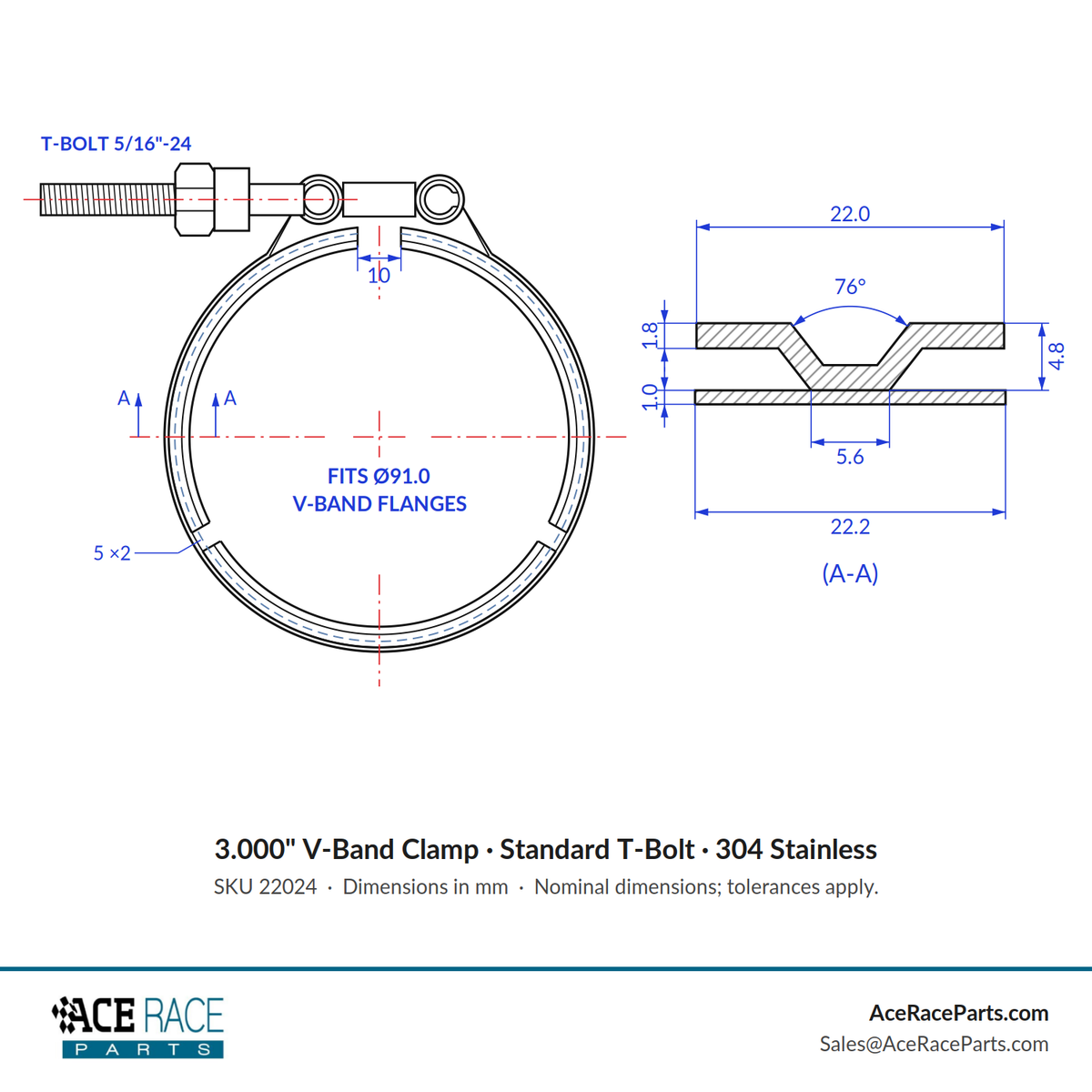 3.000" V-Band Clamp - Standard T-Bolt - (For 3.583" OD Flanges) - 304 Stainless