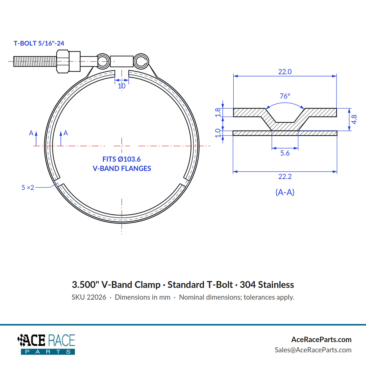 3.500" V-Band Clamp - Standard T-Bolt - (For 4.079" OD Flanges) - 304 Stainless