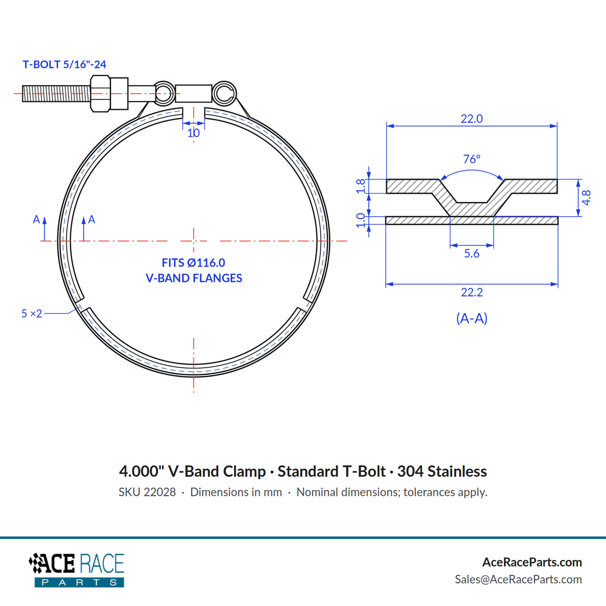 4.000" V-Band Clamp - Standard T-Bolt - (For 4.567" OD Flanges) - 304 Stainless