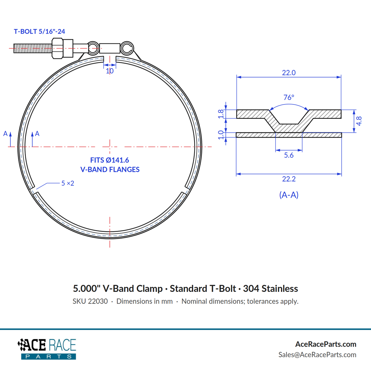 5.000" V-Band Clamp - Standard T-Bolt - (For 5.575" OD Flanges) - 304 Stainless