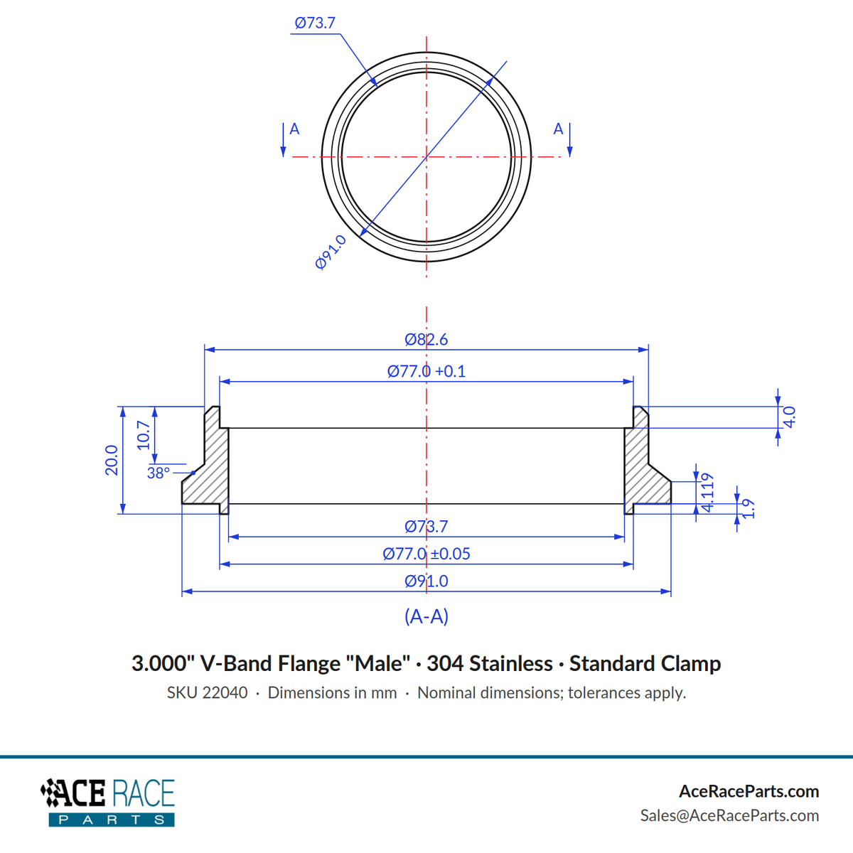 3.000" V-Band Flange "Male" 304 Stainless - Fits Standard V-Band Clamp