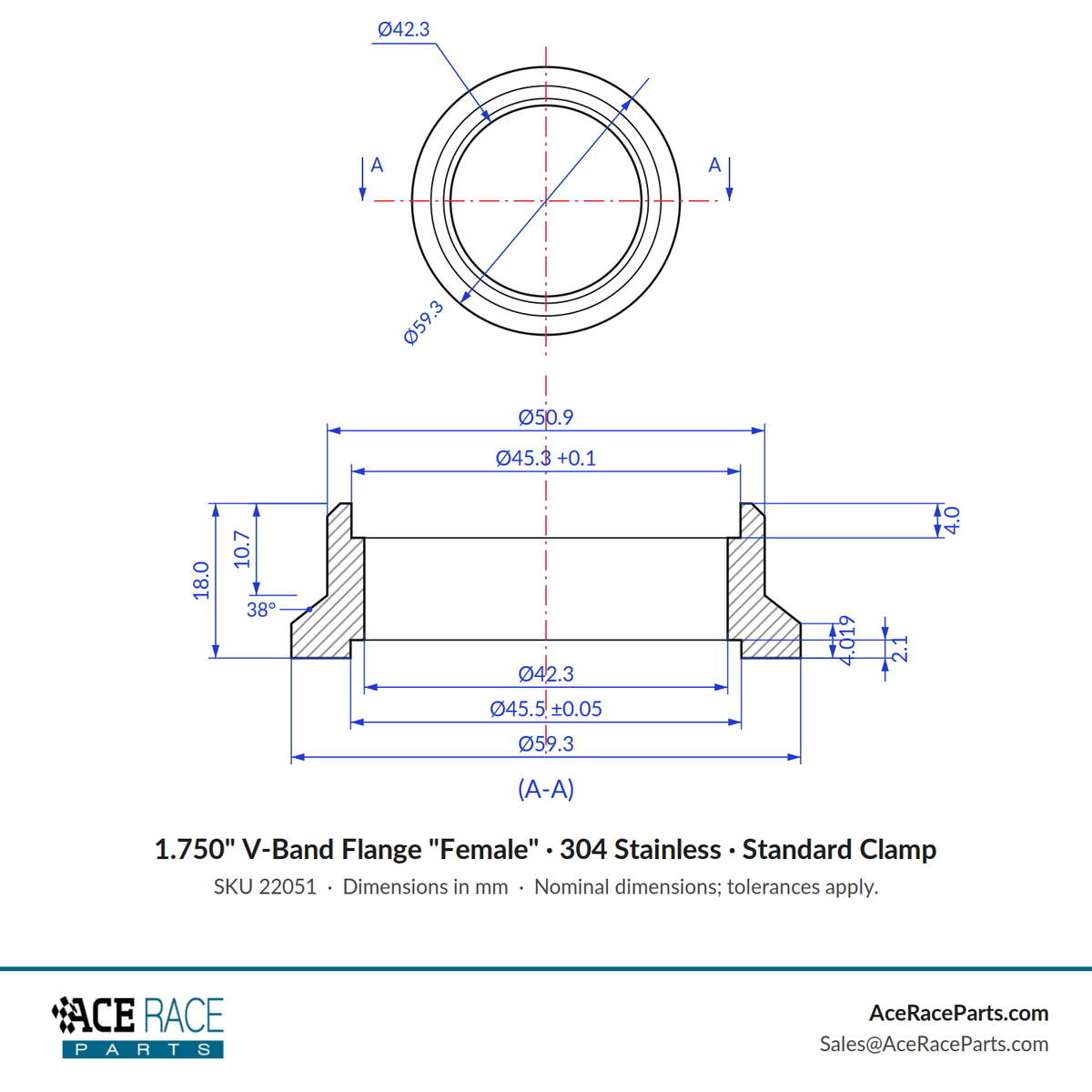 1.750" V-Band Flange "Female" 304 Stainless - Fits Standard V-Band Clamp