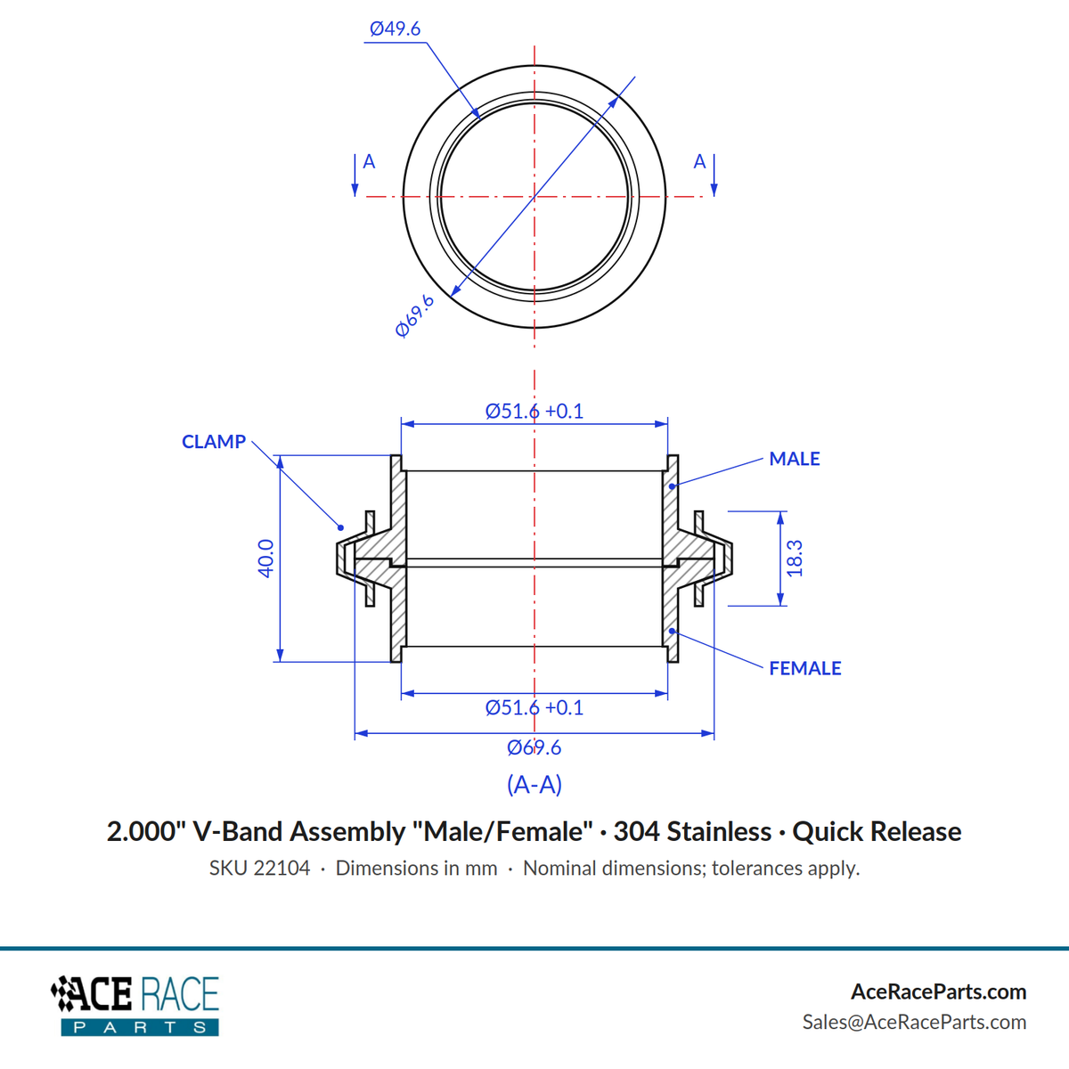 2.000" V-Band Assembly "Male/Female" 304 Stainless - Quick Release Clamp