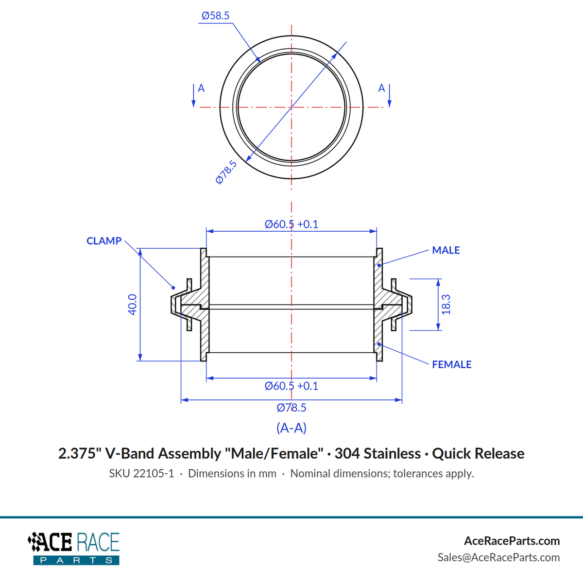 2.375" V-Band Assembly "Male/Female" 304 Stainless - Quick Release Clamp