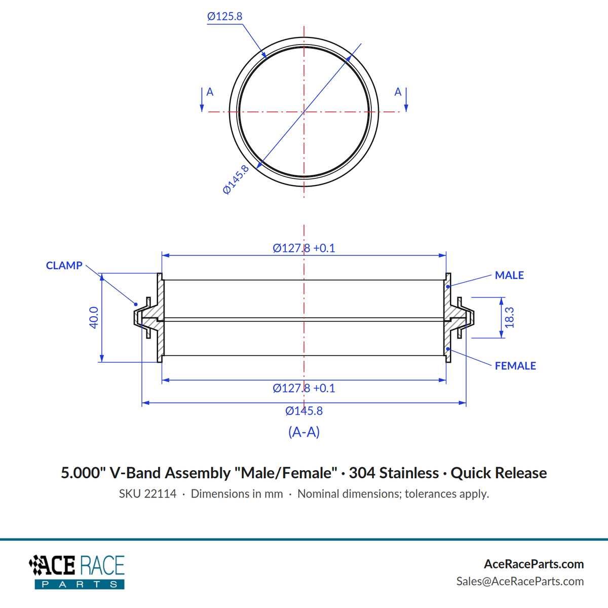 5.000" V-Band Assembly "Male/Female" 304 Stainless - Quick Release Clamp