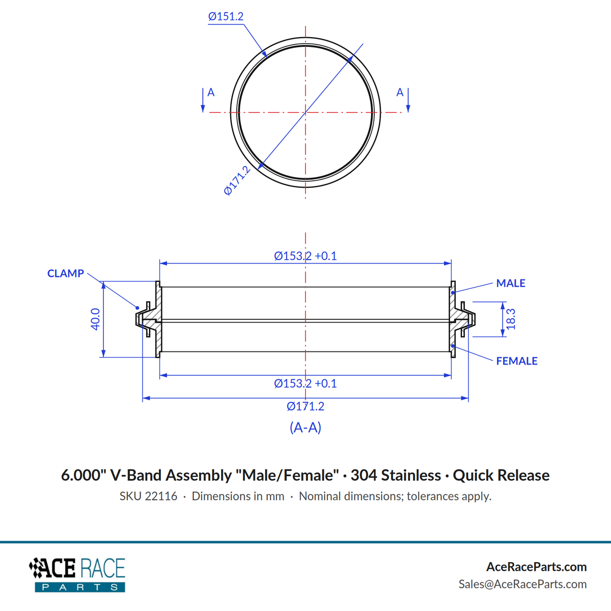 6.000" V-Band Assembly "Male/Female" 304 Stainless - Quick Release Clamp