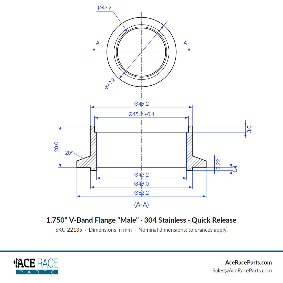 1.750" V-Band Flange "Male" 304 Stainless - Fits Quick Release Clamp