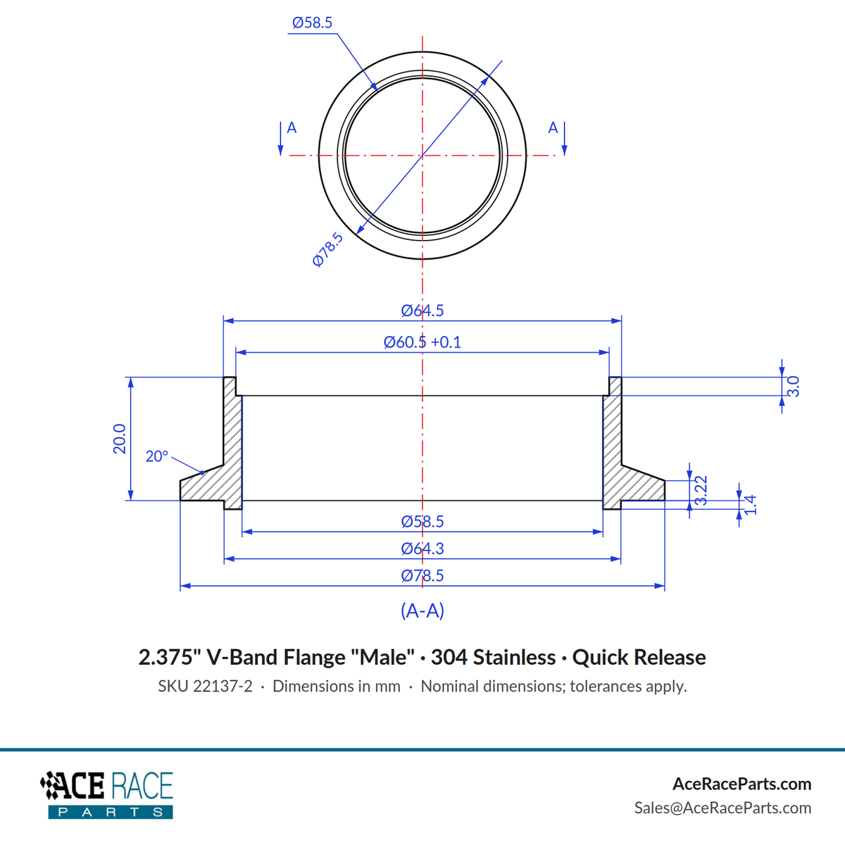 2.375" V-Band Flange "Male" 304 Stainless - Fits Quick Release Clamp